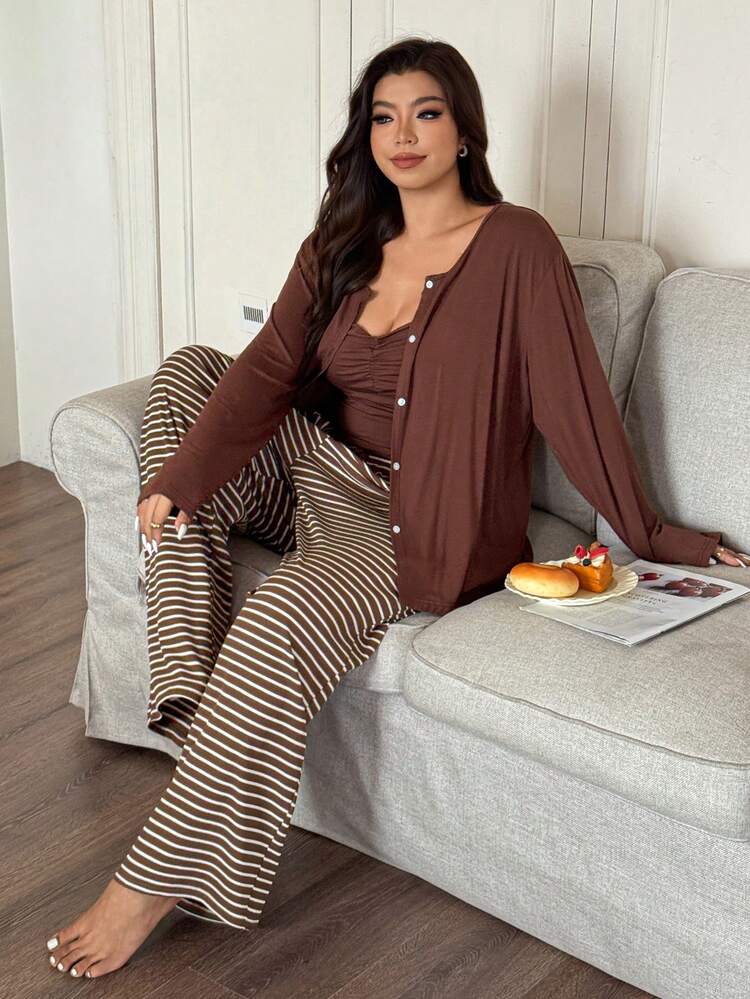 Dazy Plus 3pcs Casual Sleepwear Set: Camisole Top, Long Sleeve Top, And Striped Pants, Plus Size Women, Spring/Autumn, Fall & Winter Clothes