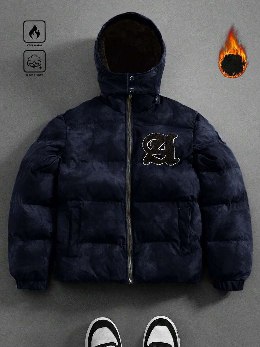 PAVTROS Abrigo de invierno con capucha, de manga larga, versátil y con gráfico de letras de moda para hombres. Abrigo de invierno acolchado y abrigado para hombres, con forro térmico - Azul - Ver 1