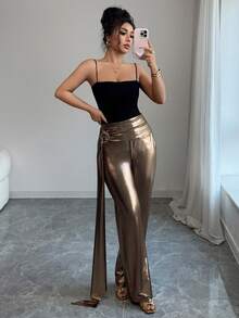 Chiquease Women's Fashionable Commuter Metallic Ribbon Straight Leg Pants Satin Pants Gold Pants - Bronze - View 6