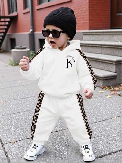2 件套男婴/女婴休闲运动服，宽松字母图案印花装饰拉链夹克和裤子套装，适合外出、上学、聚会、秋冬返校服装，加厚羊毛