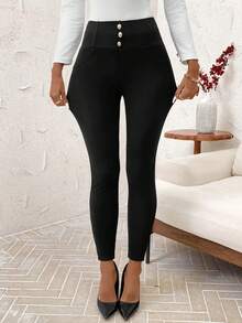 SHEIN Clasi Pantaloni termici da donna, adatti per l'ufficio e il tempo libero, autunno/inverno, leggings natalizi per donna, pantaloni elasticizzati, leggings vita alta, leggings caldi, nero, autunno, autunno per donna - nero - Visualizzare 5