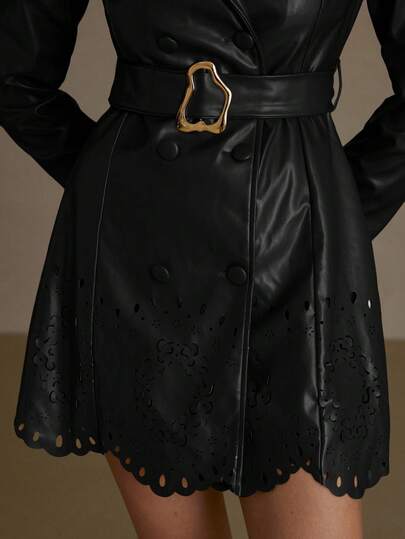 Revavyn Autumn/Winter New French Retro Style Vintage PU High-End Blazer Collar Leather Dress Skirt, Diamond Waist Buckle Decor, Laser Cut Hem With Waist Tie, Fitted Leather Ladies Regular Jacket