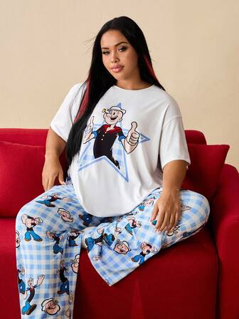 Popeye X SHEIN Plus Size Summer Casual Cartoon Pattern Short Sleeve Top And Pants Pajama Set Pijama Women Plus Size Plus Size Pj Set Plus Size Pajamas Set Pajamas Plus Size