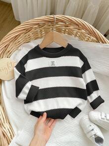 SHEIN Babygirl Casual Striped Long Sleeve Sweater, Versatile For Autumn/Winter - Black - View 9