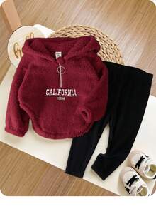 2pcs Baby Girl Cute Fleece Long Sleeve Letter Print Hoodie Sweatshirt And Knit Leggings Set, Autumn/Winter - Burgundy - View 5