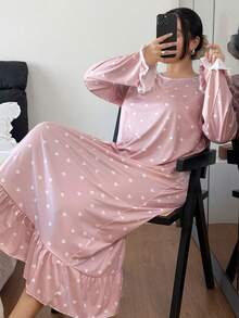 SHEIN Plus Size Heart Print Ruffle Hem Long Nightgown, For Fall & Winter, Moo Moo Night Dress - Pink - View 4