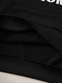 HELLO KITTY AND FRIENDS | SHEIN 青少年女孩休闲日常通勤可爱卡通字母印花口袋落肩连帽宽松运动衫，春秋季 - 黑色 - 查看 8