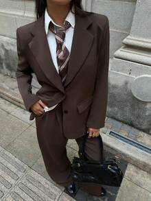 SHEIN EZwear Women's Brown Loose Suit Set, New Autumn/Winter, For Going Out Outfits, Streetwear,Old Money Style,Fall Brown 2 Piece Set Brown Blazer Women Blazer Pants Set Brown Set Women 2 Piece Sets Woman Classy - Coffee Brown - View 7