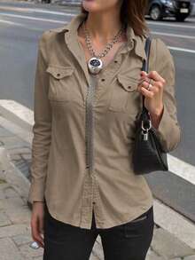 INAWLY Women's Khaki Long Sleeve Cinched Waist Utility Shirt, Outdoor Casual Commuter, Autumn - Mocha Brown - View 5