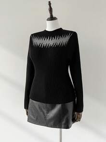 Auralis Plus Size Women's Autumn And Winter Fashion Casual High Elastic Comfortable Daily Hollow Perspective Half Turtleneck Black Slim Pullover Sweater, Basic Base Sweater,Fall Women Clothes,Winter Tops