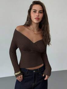 Aloruh Women's New Autumn/Winter Knit Sweater, Off Shoulder Vintage Ribbed Fitted Long Sleeve Pullover,Fall,Fall Clothes For Women - Brown - View 6