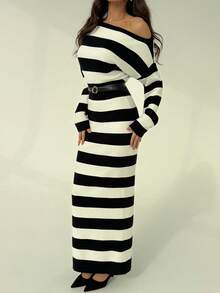 Aloruh Vestido de punto largo con parte superior suelta asimétrica de rayas blancas y negras y Bottom ajustada, minimalista y de estilo urbano para mujeres - Blanco y Negro - Ver 4
