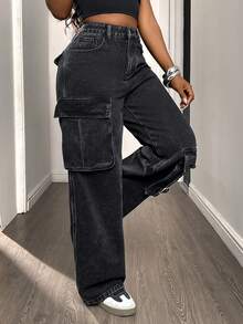 DAZY Jeans de mezclilla negros holgados con cargo estilo Y2K para mujer - Negro - Ver 1