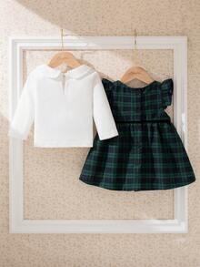 Souflis Souflis 两件套：白色长袖上衣和绿色格子连衣裙，法式复古风格，适合上学、郊游、聚会，2025 年秋冬新品，女孩 - 彩色 - 查看 2