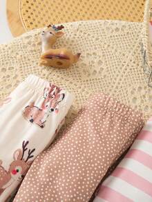 SHEIN Playful Pals 女婴休闲简约罗纹打底裤，百搭高弹，春秋装 - 卡其色 - 查看 4