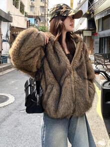 DAZY Damjacka med lång ärm och lös luva, casual, fluffig jacka för höst/vinter - Kaffebrun - Visa 4