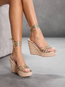 CUCCOO SZL Women's Fashion Gold Slim Strap Combination Lace-Up Rope Sole Wedge Sandals, Suitable For Commuting,Dating,Party,Holiday
