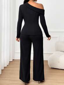 SHEIN Lady 女士时尚休闲纯色斜肩上衣和裤子两件套 - 黑色 - 查看 3