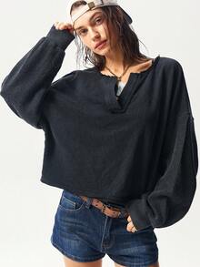 Bohemela 波西米亚风秋冬女式休闲纯色V领长袖宽松水洗黑色卫衣，西部乡村风格，适合度假、日常穿着及返校季。 - 黑色 - 查看 6