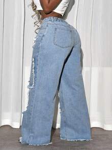 SHEIN CURVE+ 夏季时尚破洞拼接阔腿女式牛仔裤，百搭大码 - 藍色 - 查看 2