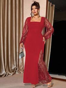 Cravure 大码女式方领闪亮亮片网眼拼接连衣裙，奢华派对装，侧开衩，长袖，秋冬 - 紅色 - 查看 6