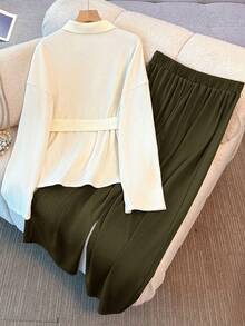 Franclia Women's Elegant Intellectual Long Sleeve Cardigan And Pants 2 Pieces Set, Autumn/Winter - Army Green - View 2