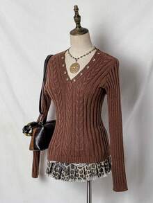 SHEIN Unity Women's Solid Color V-Neck Eyelet Shoulder Long Sleeve Fashionable Knitted Cable Pullover Sweater - Brown - View 3