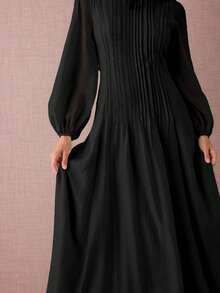 Enchnt 纯色圆领褶皱优雅时尚长袖连衣裙 - 黑色 - 查看 2