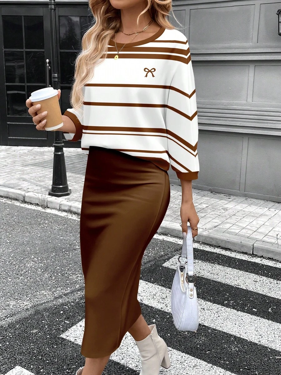 SHEIN LUNE Bộ đồ thường ngày 2 món dành cho nữ, họa tiết sọc cổ điển, phù hợp cho mùa thu/đông - Nhiều màu - Xem 1