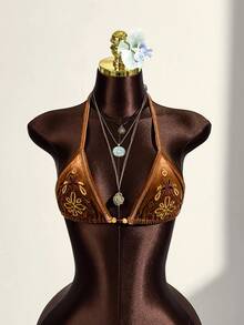 Amplova Women's Triangle Cup Beaded Embroidered Bohemian Style Halter Neck Vest