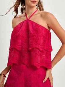 CAJUNI Blusa de verano para mujer con cuello halter, bordado, calado y volantes - Rosa Fucsia - Ver 9