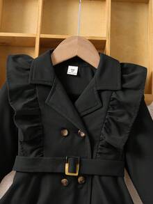 SHEIN Young Girl Solid Color Turndown Collar Ruffle Hem Fitted Casual Long Windbreaker