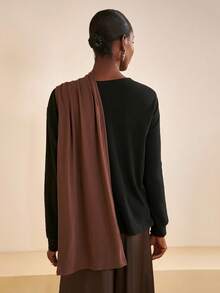 Zivah 2025 Autumn/Winter New Music Festival, Easter, St. Patrick's Day, Halloween, Christmas, Valentine's Day, Date, Western Style, Nomadic Style, Holiday Outfits, Office Wear, Elegant Party Loose Asymmetric Shoulder Long Sleeve Cardigan With Scarf - Black - View 3