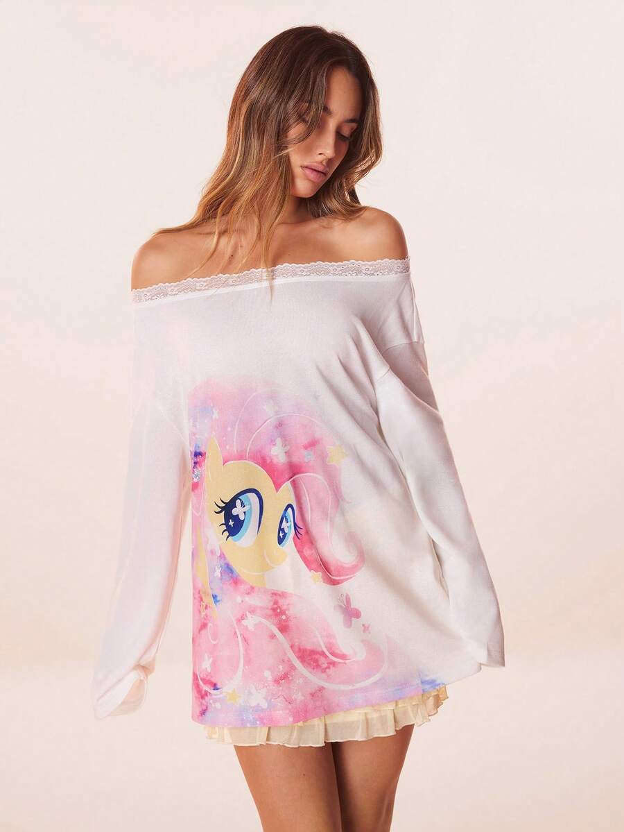 My Little Pony X SHEIN Women's Casual Cute Cartoon Print Off Shoulder Contrast Lace Loose Long Sleeve T-Shirt, Suitable For Spring, Summer, Autumn Anime Women Clothing Off The Shoulder Long Sleeve - White - View 1