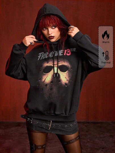 Friday the 13th X ROMWE Letter & Mask Graphic Hooded Long Sleeve Sweatshirt For Women