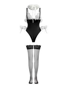 Fantasy Costume 5 件套可爱性感幻想服装套装，包括毛茸茸的颈圈、耳朵头带、腕口、网眼紧身衣，适合角色扮演、卧室、暑假 - 黑與白 - 查看 5