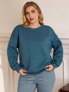 EMERY ROSE Plus Size Solid Crew Neck Thermal Lined Casual Thermal Fall Women Sweatshirts Winter Autumn - Dusty Blue - View 7