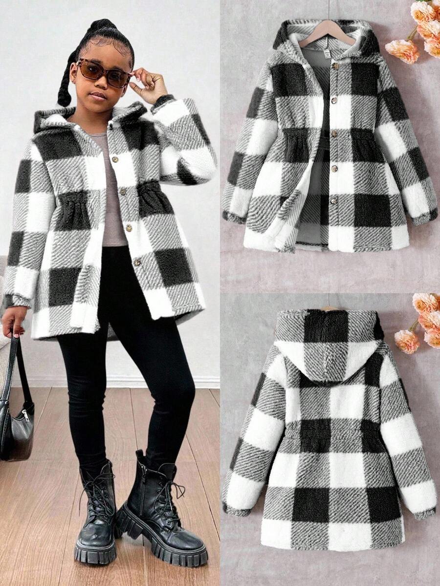 SHEIN 青少年女孩休闲宽松格子仿毛领长袖夹克泰迪熊外套,秋冬夹克,仿毛外套,连帽衫,连帽夹克 - 黑色 - 查看 1