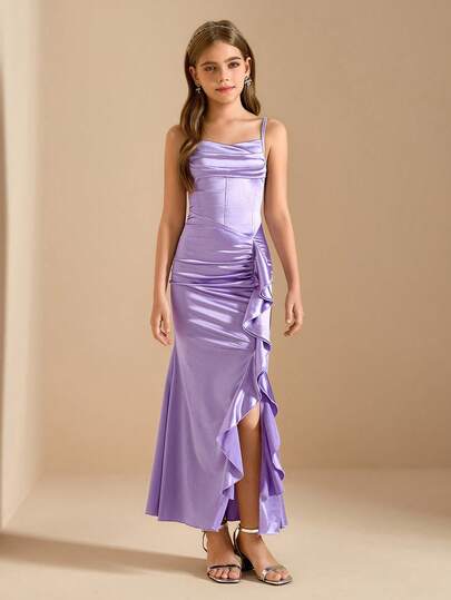 Tween Girls Purple SatinSpaghetti Strapr Long Dress, Formal Gown For Party/Banquet