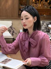 DAZY Women's Bowknot Cuff Long Sleeve Blouse, Elegant Korean Style - Pink - View 6