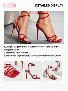 CUCCOO SZL 女士时尚闪亮漆皮红色绑带踝带方头细高跟凉鞋，适合通勤、约会、派对、度假、婚礼 - 紅色 - 查看 12