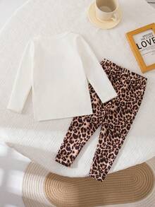 Babygirl Cute Casual Cartoon Pattern Long Sleeve Top And Leopard Print Pants Set - Multicolor - View 9