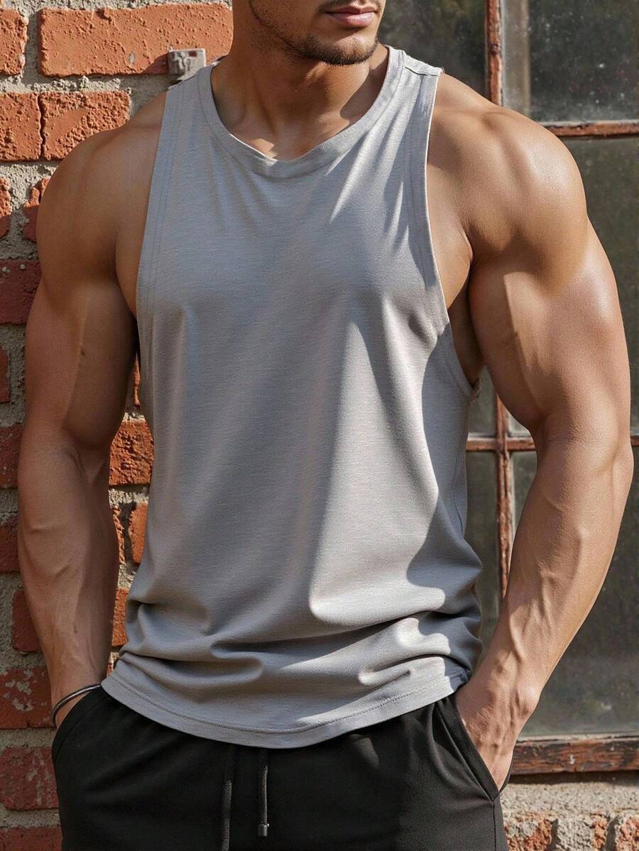 SHEIN Manfinity Dauomo 男士纯色简约休闲T恤,夏季 - 灰色 - 查看 1