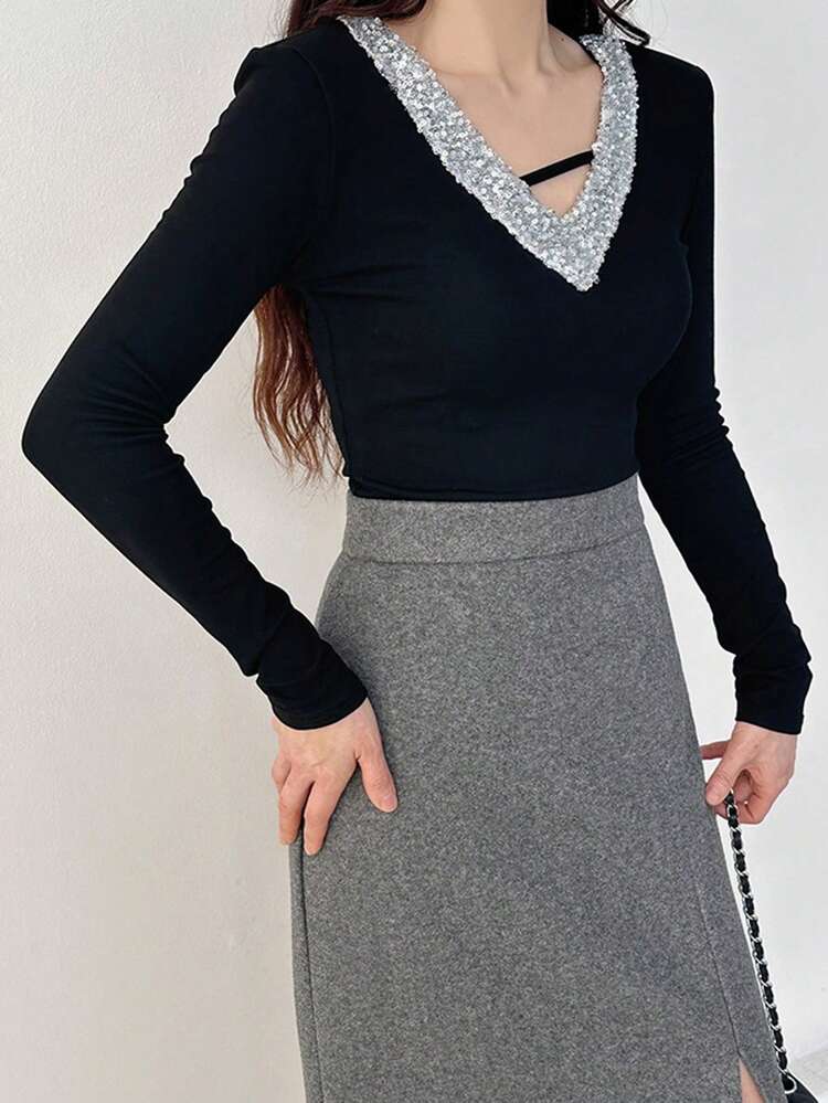 Women's V-Neck Sequin Design Long Sleeve T-Shirt, Slim Fit Casual Pullover Top Carnival