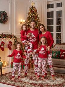 SHEIN 1 套男婴圣诞树和字母印花圆领长袖上衣搭配全印花费尔岛圣诞树紧身裤秋季睡衣，圣诞主题服装 - 紅色 - 查看 7