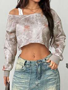 SHEIN PETITE 1 pieza Sudadera holgada asimétrica casual de mujer con estampado de camuflaje y hojas, estilo retro Y2K, color albaricoque, para otoño/invierno - Multicolor - Ver 4