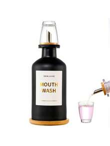 11.80Z Glass Mouthwash Dispenser ForBathroom With Stainless Steel & BambooNozzle, Mouthwash Cup Reusable, BambooTray, And Elegant Gold Sticker.(Clear - Multicolor - View 13