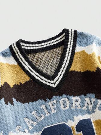 Street Life Herren V-Ausschnitt Pullover mit gesticktem Patch, Vintage-Strick, Streetwear Mode