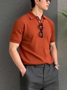 Manfinity Homme 男士精致罗纹 Polo 衫，复古风格 - 咖啡棕 - 查看 3