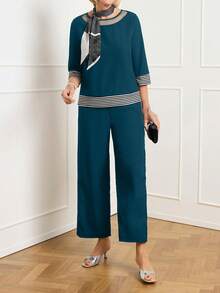 Miaspire 2pcs/Set Women Casual Striped Patchwork Top & Pants Outfit